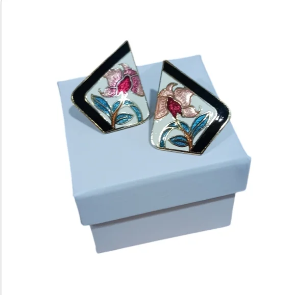 SOLD Vintage Cloisonne Floral Earrings by Sea Gems SG - Picture 8 of 11